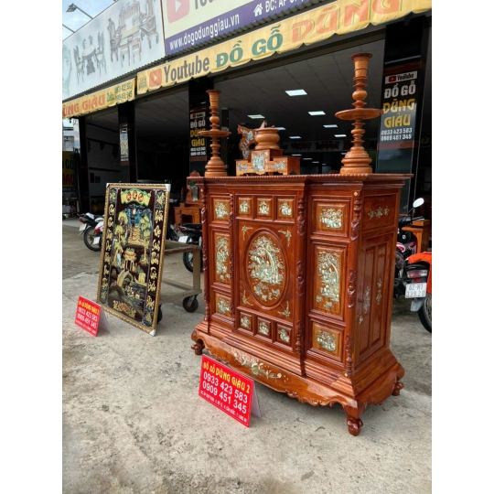 Tủ thờ cần gõ gõ đỏ, tranh thờ đấp nổi phù điêu cao cấp