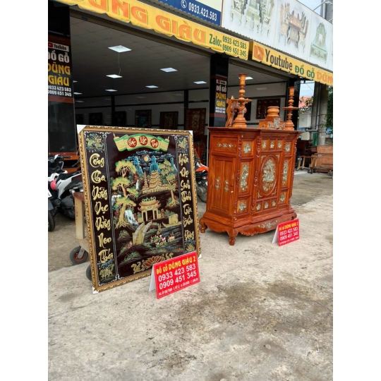Tủ thờ cần gõ gõ đỏ, tranh thờ đấp nổi phù điêu cao cấp