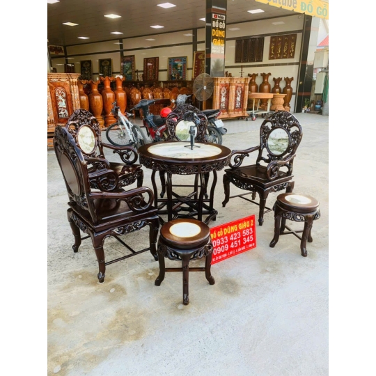 Bộ bàn tròn 7 món cổ điển gỗ gõ mật cao cấp