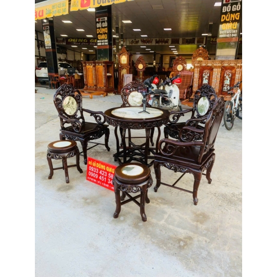 Bộ bàn tròn 7 món cổ điển gỗ gõ mật cao cấp