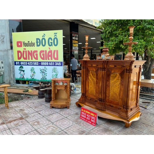 Tủ thờ 15 trụ, bàn thờ ngan 60, chân đèn, kỹ cấm nhan gỗ gõ đỏ  Cần Giuộc Tỉnh Long An.