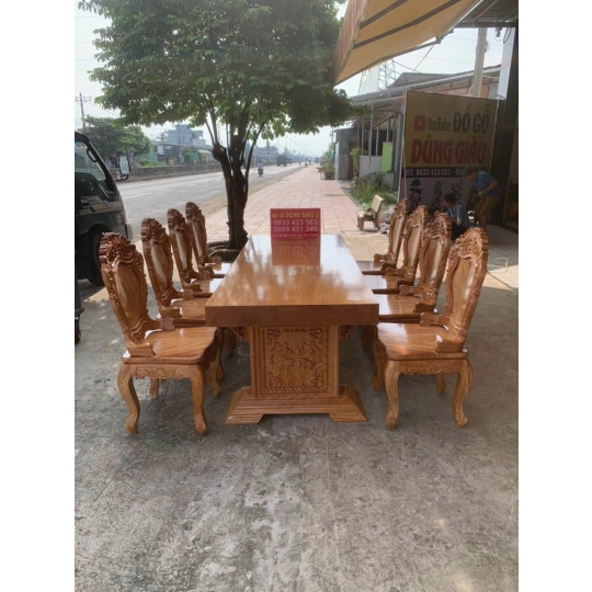 Bộ bàn dài 8 ghế mặt bàn nguyên khối gỗ gõ đỏ VIP