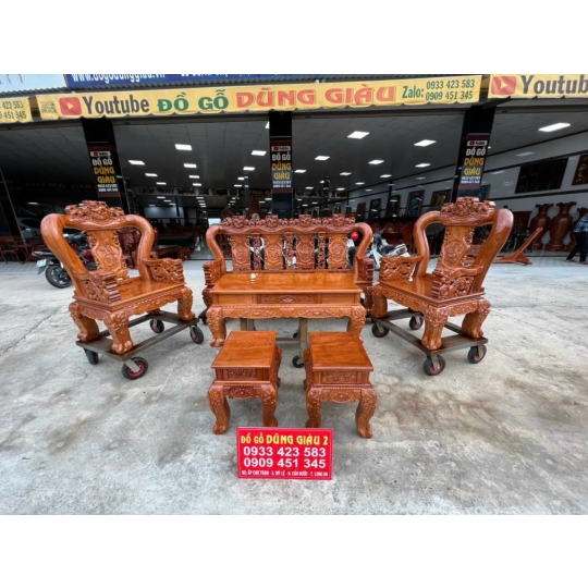 Bộ ghế salông trạm nghê ttay 12 gỗ gõ đỏ VIP