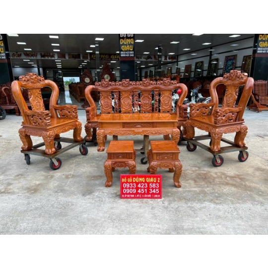 Bộ ghế salông trạm nghê ttay 12 gỗ gõ đỏ VIP