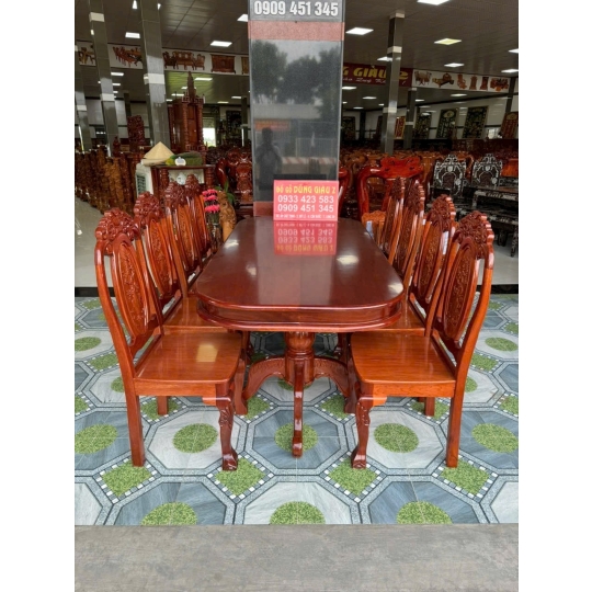 Bàn dài chân lá Tây , bàn tròn chân sư tử mặt bàn liền một tấm dầy 3 phân gỗ gõ đỏ VIP