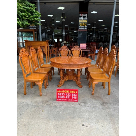 Bàn dài chân lá Tây , bàn tròn chân sư tử mặt bàn liền một tấm dầy 3 phân gỗ gõ đỏ VIP