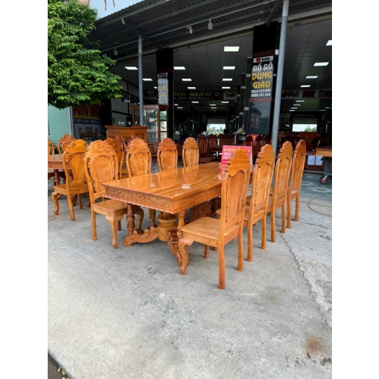 Bàn dài chân lá Tây , bàn tròn chân sư tử mặt bàn liền một tấm dầy 3 phân gỗ gõ đỏ VIP